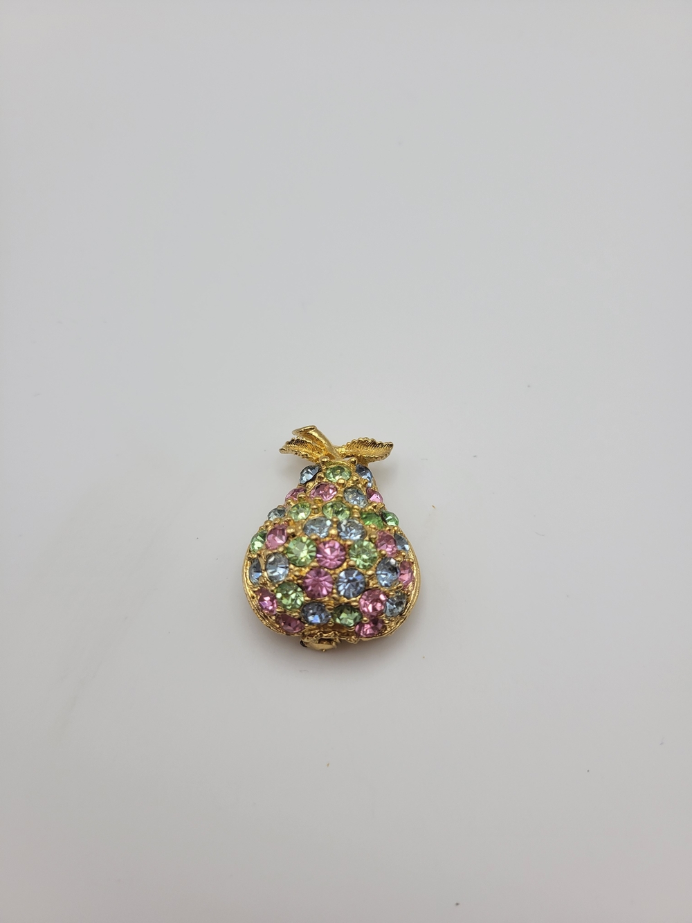 Vintage Gold tone Uranium Rhinestone Pear Fruit Brooch